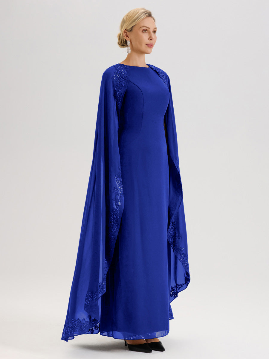 Cicinia Bleu Royale Robe De Mère De La Mariée Longue Col Rond Ligne A En Dentelle Et Mousseline À Cape