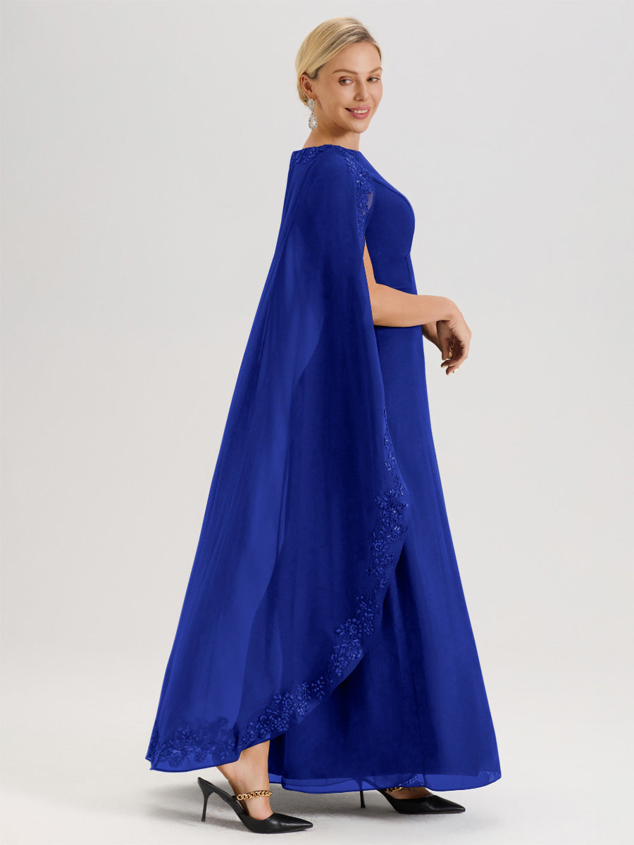 Cicinia Bleu Royale Robe De Mère De La Mariée Longue Col Rond Ligne A En Dentelle Et Mousseline À Cape