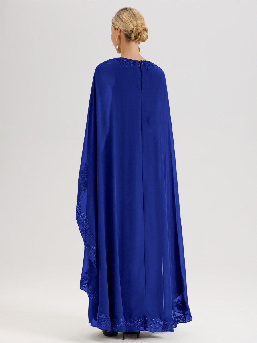 Cicinia Bleu Royale Robe De Mère De La Mariée Longue Col Rond Ligne A En Dentelle Et Mousseline À Cape