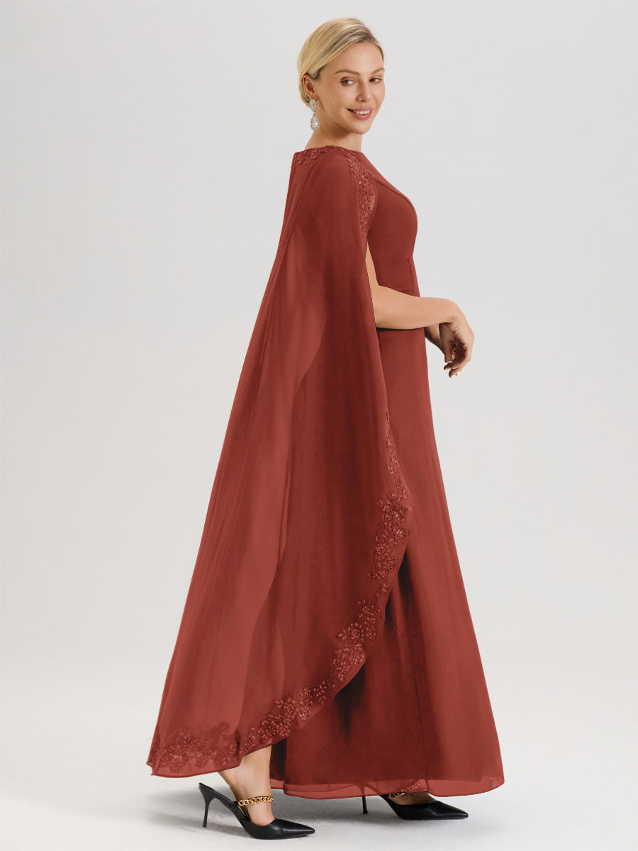 Cicinia Rouille Robe De Mère De La Mariée Longue Col Rond Ligne A En Dentelle Et Mousseline À Cape