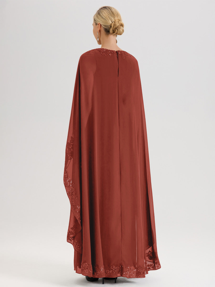 Cicinia Rouille Robe De Mère De La Mariée Longue Col Rond Ligne A En Dentelle Et Mousseline À Cape