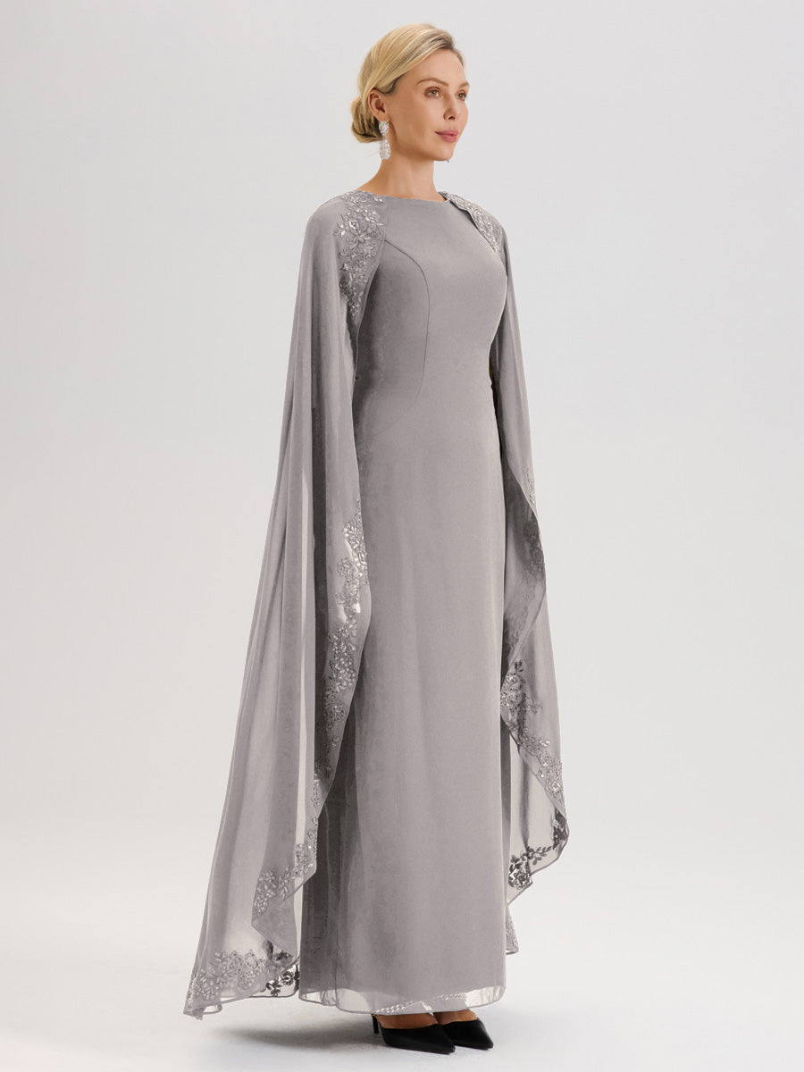 Cicinia Argent Robe De Mère De La Mariée Longue Col Rond Ligne A En Dentelle Et Mousseline À Cape