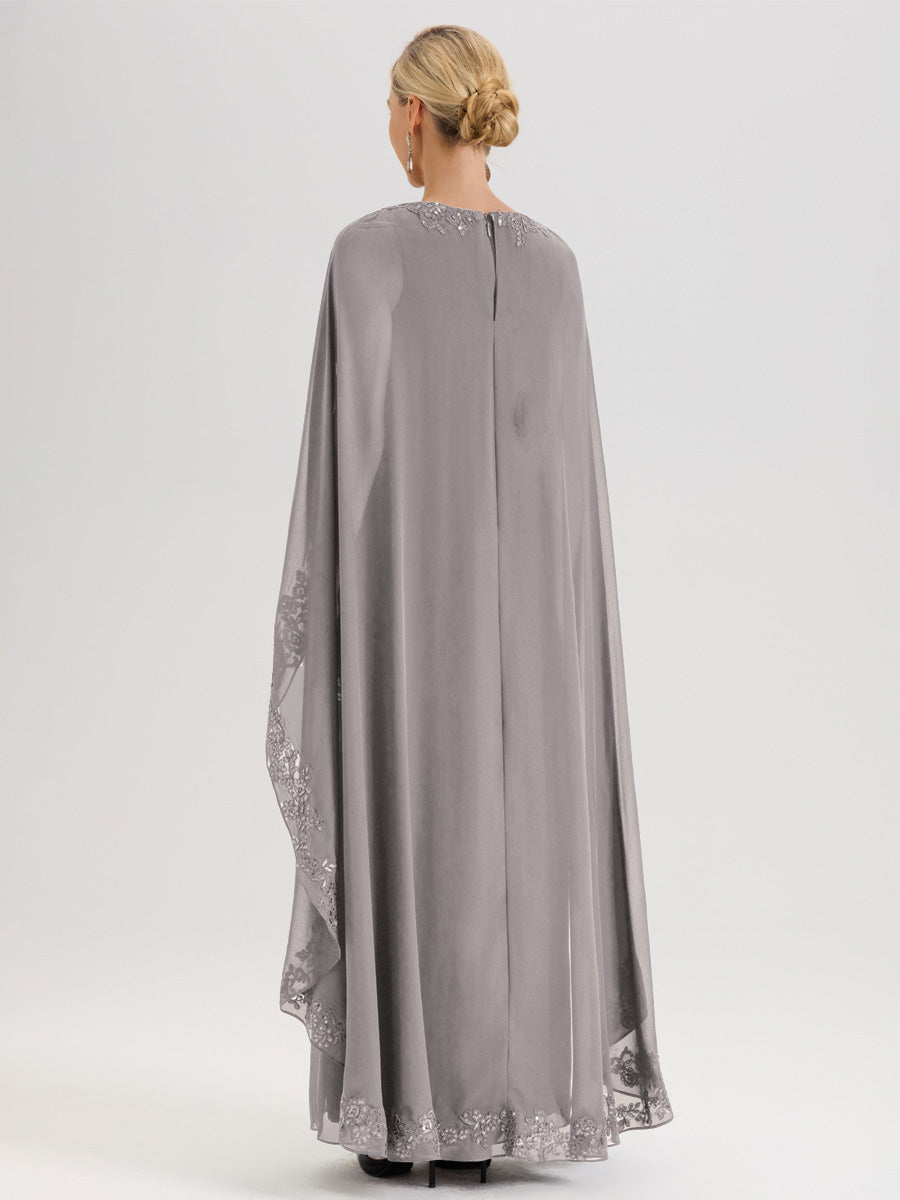 Cicinia Argent Robe De Mère De La Mariée Longue Col Rond Ligne A En Dentelle Et Mousseline À Cape