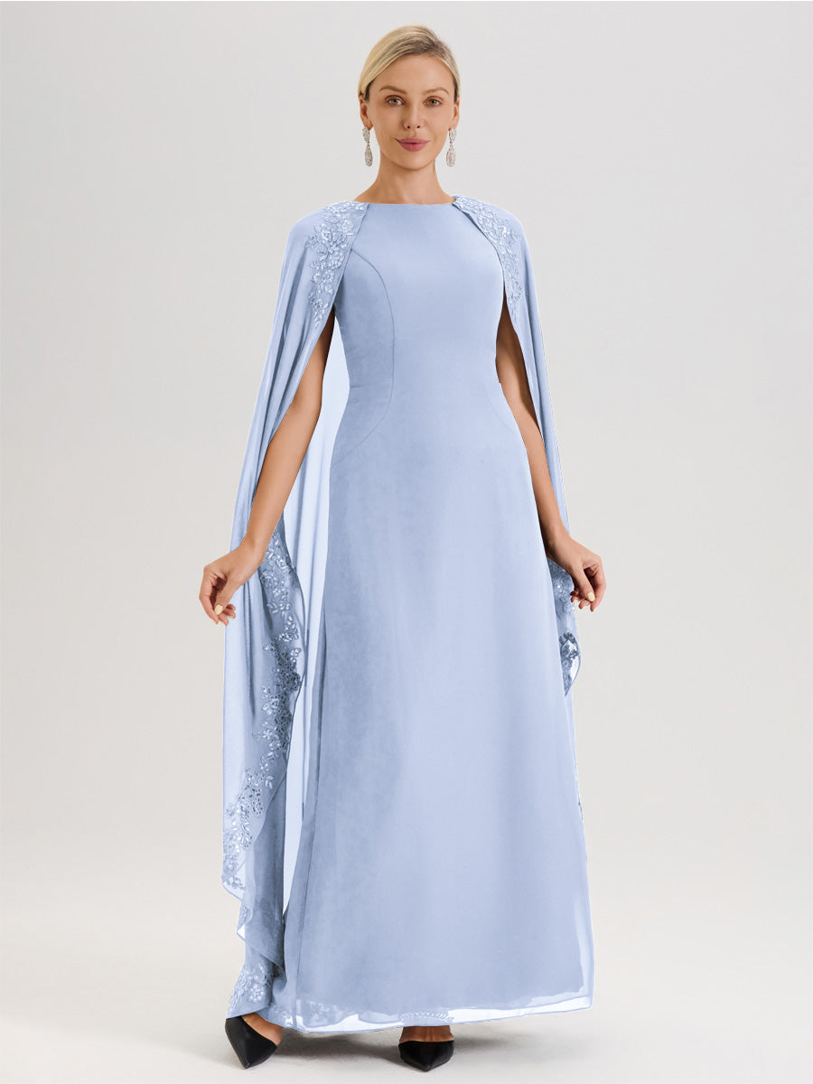 Cicinia Bleu Ciel Robe De Mère De La Mariée Longue Col Rond Ligne A En Dentelle Et Mousseline À Cape