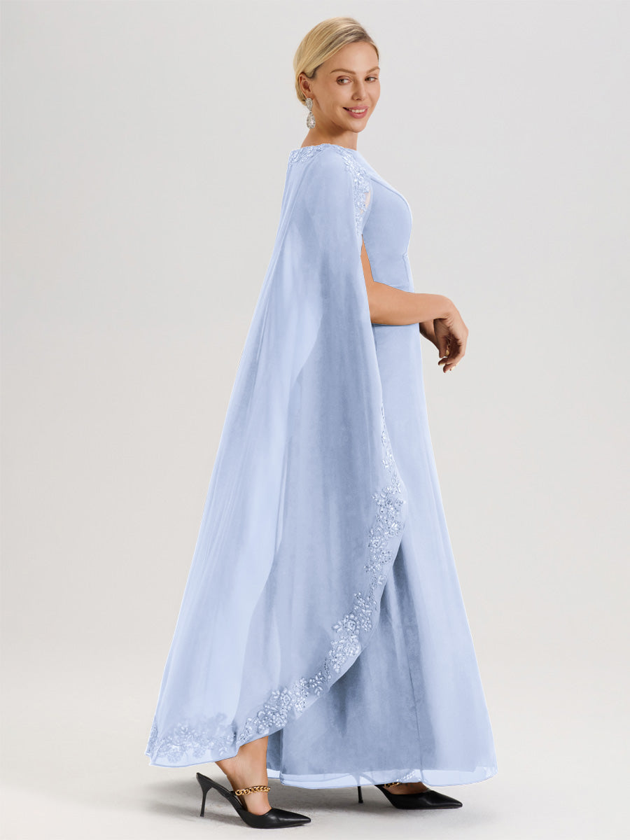 Cicinia Bleu Ciel Robe De Mère De La Mariée Longue Col Rond Ligne A En Dentelle Et Mousseline À Cape