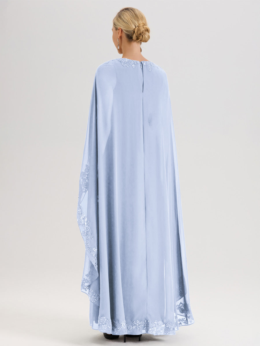 Cicinia Bleu Ciel Robe De Mère De La Mariée Longue Col Rond Ligne A En Dentelle Et Mousseline À Cape