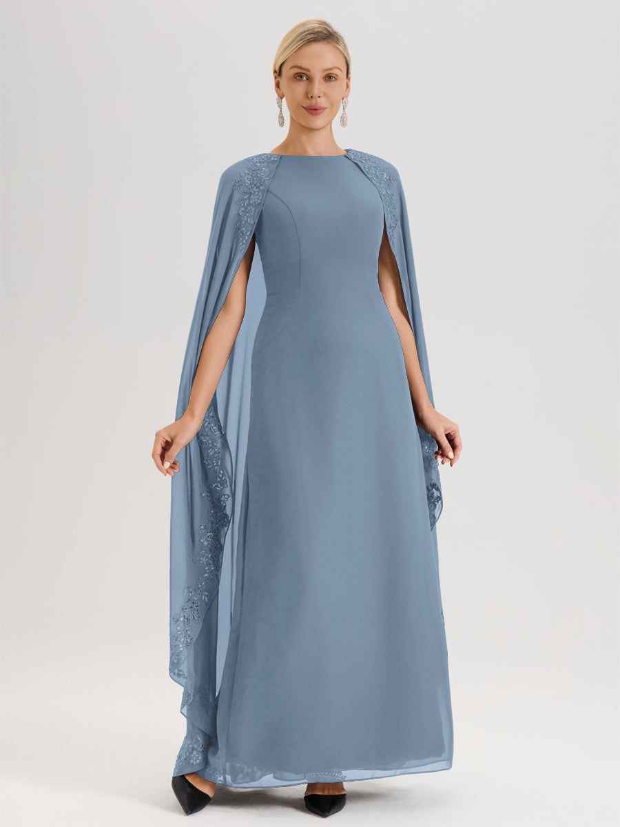 Cicinia Bleu De Schiste Robe De Mère De La Mariée Longue Col Rond Ligne A En Dentelle Et Mousseline À Cape