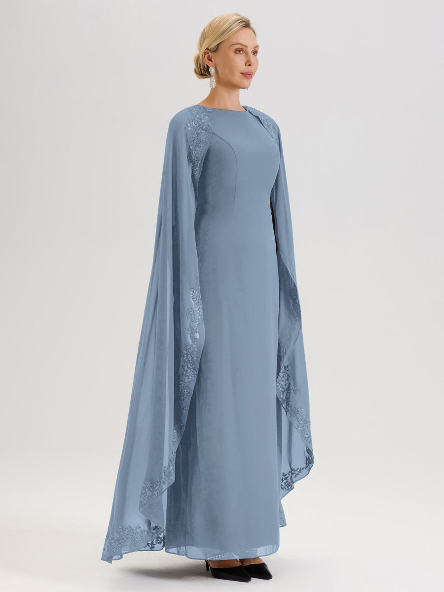 Cicinia Bleu De Schiste Robe De Mère De La Mariée Longue Col Rond Ligne A En Dentelle Et Mousseline À Cape