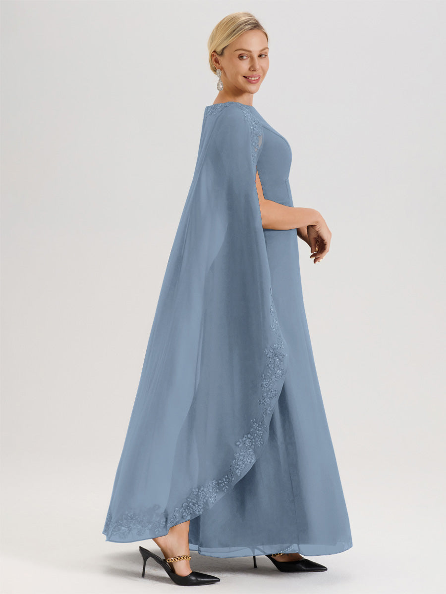 Cicinia Bleu De Schiste Robe De Mère De La Mariée Longue Col Rond Ligne A En Dentelle Et Mousseline À Cape