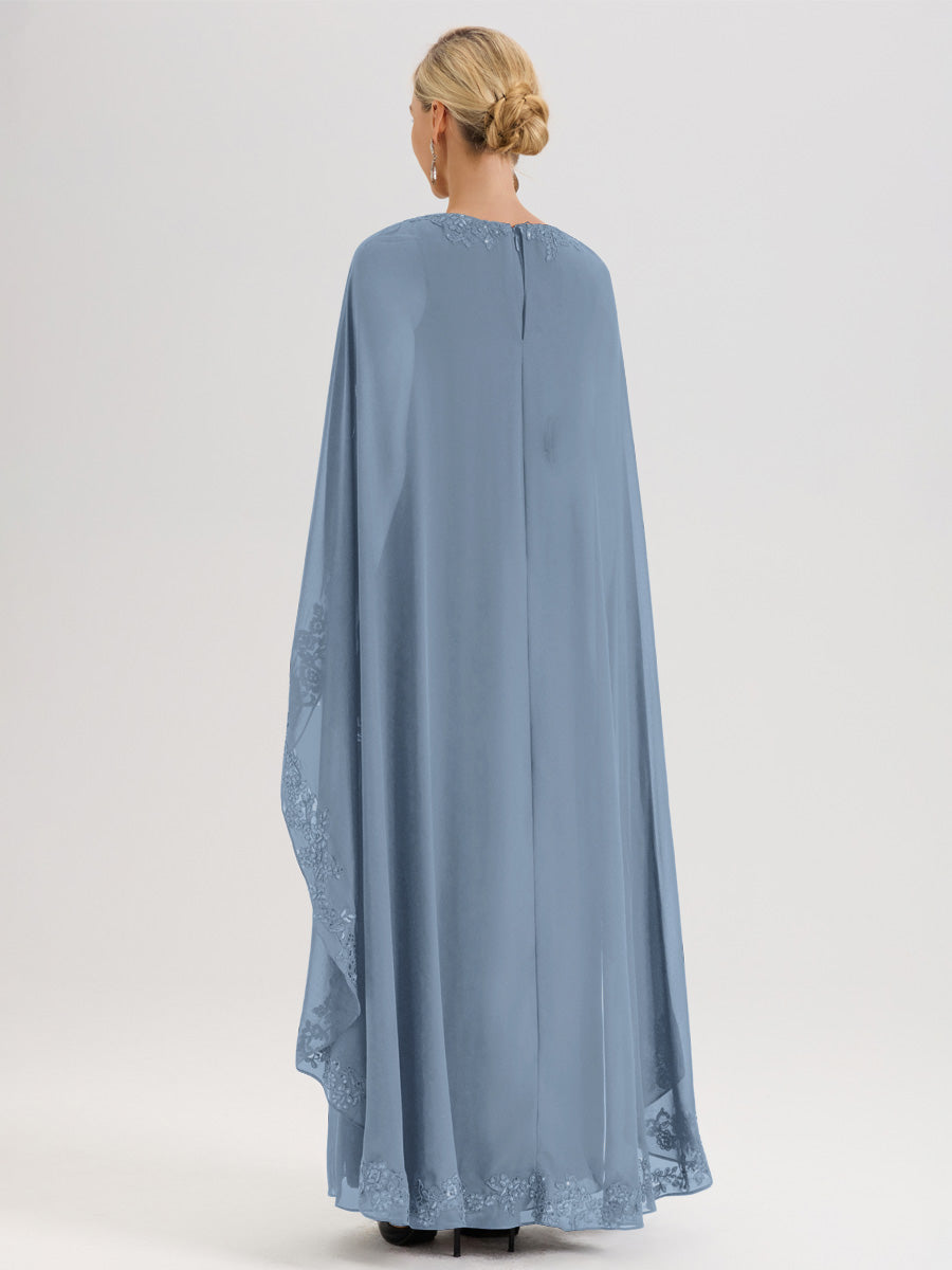Cicinia Bleu De Schiste Robe De Mère De La Mariée Longue Col Rond Ligne A En Dentelle Et Mousseline À Cape