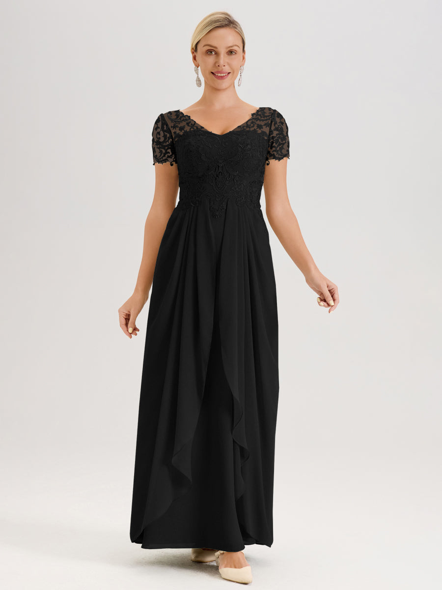Cicinia Noir Robe De Mère De La Mariée Longue Ligne A En Dentelle Et Mousseline À Manches Courtes Et Décolleté En V