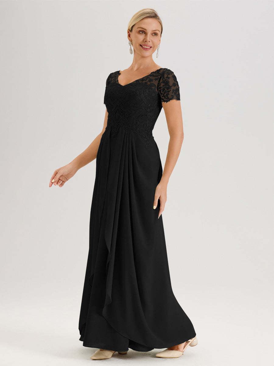 Cicinia Noir Robe De Mère De La Mariée Longue Ligne A En Dentelle Et Mousseline À Manches Courtes Et Décolleté En V