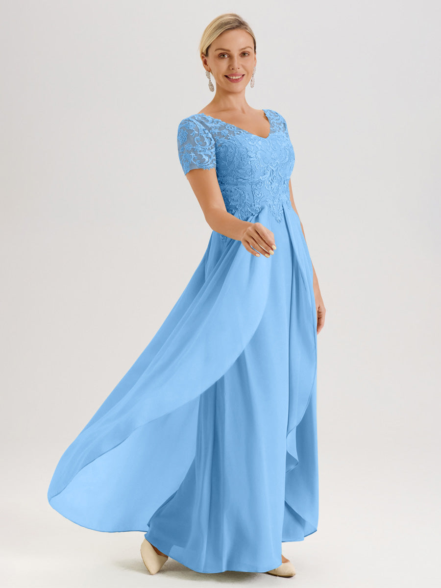 Cicinia Bleu Robe De Mère De La Mariée Longue Ligne A En Dentelle Et Mousseline À Manches Courtes Et Décolleté En V