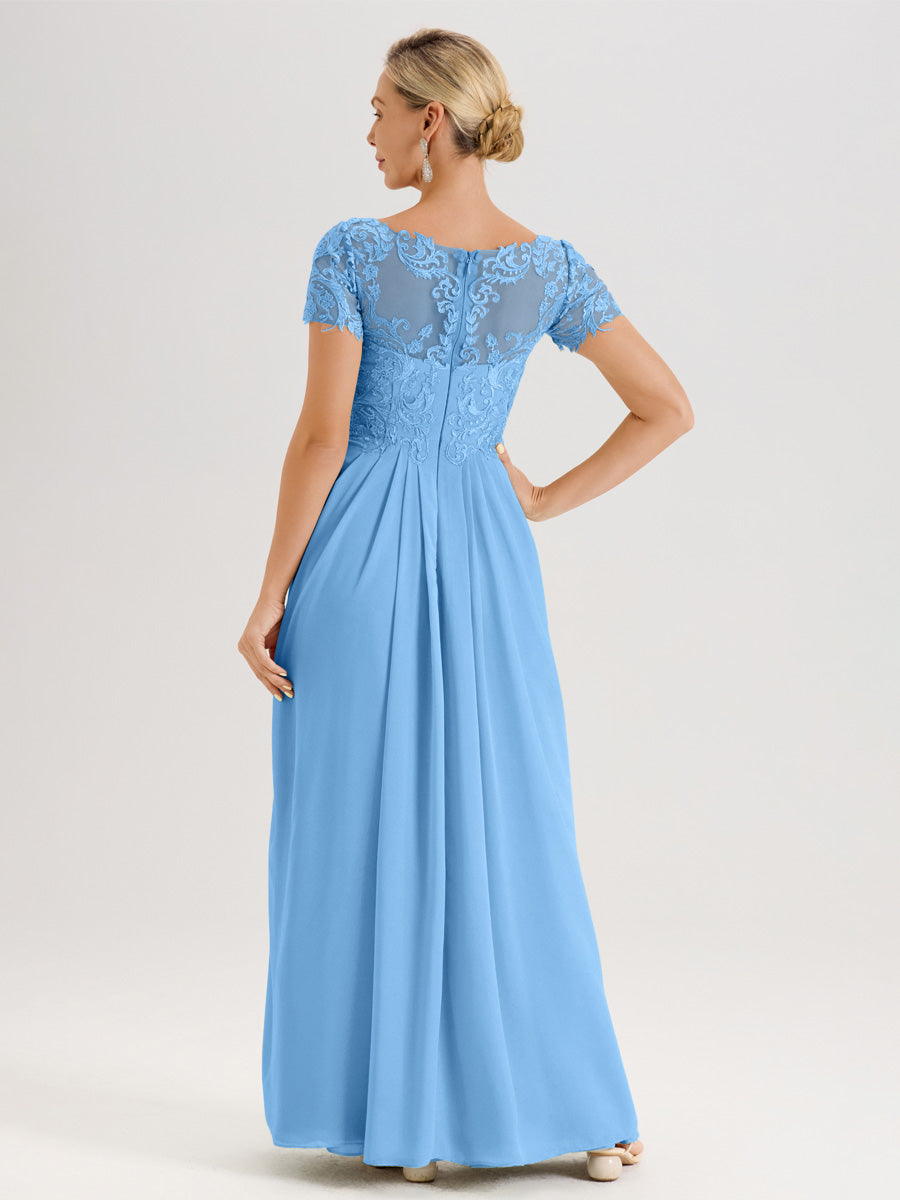 Cicinia Bleu Robe De Mère De La Mariée Longue Ligne A En Dentelle Et Mousseline À Manches Courtes Et Décolleté En V