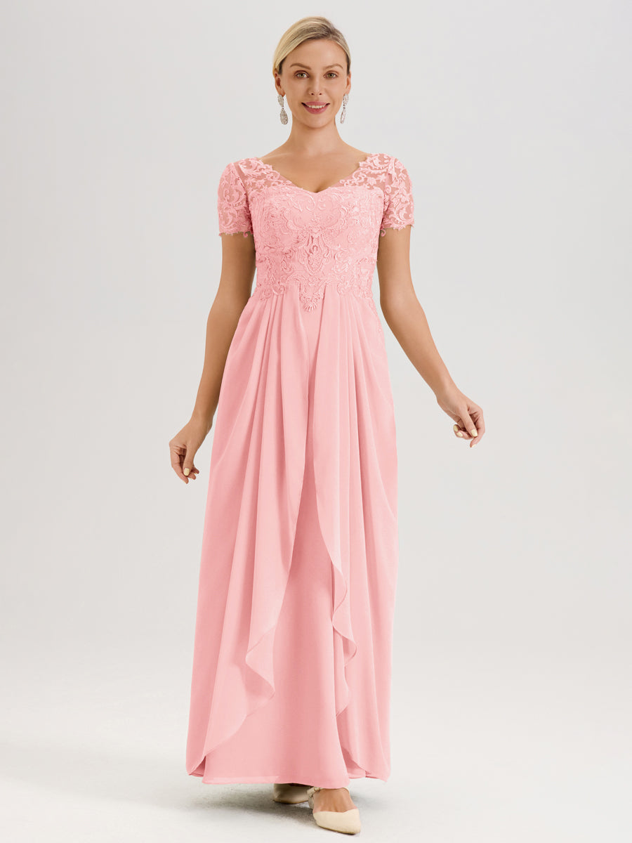 Cicinia Rose Robe De Mère De La Mariée Longue Ligne A En Dentelle Et Mousseline À Manches Courtes Et Décolleté En V