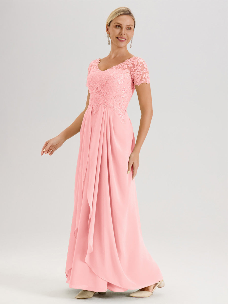 Cicinia Rose Robe De Mère De La Mariée Longue Ligne A En Dentelle Et Mousseline À Manches Courtes Et Décolleté En V
