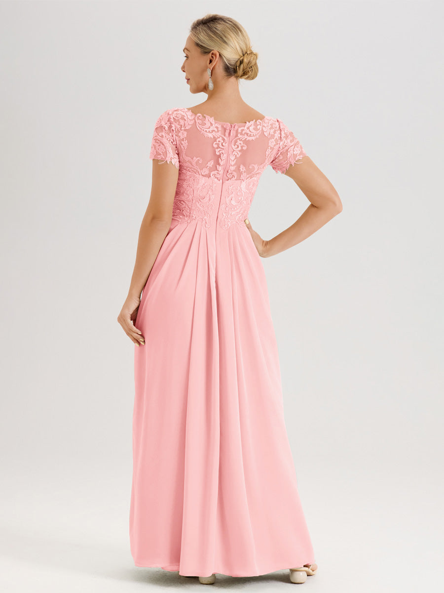 Cicinia Rose Robe De Mère De La Mariée Longue Ligne A En Dentelle Et Mousseline À Manches Courtes Et Décolleté En V
