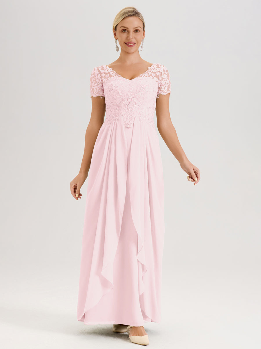 Cicinia Rose Pâle Robe De Mère De La Mariée Longue Ligne A En Dentelle Et Mousseline À Manches Courtes Et Décolleté En V