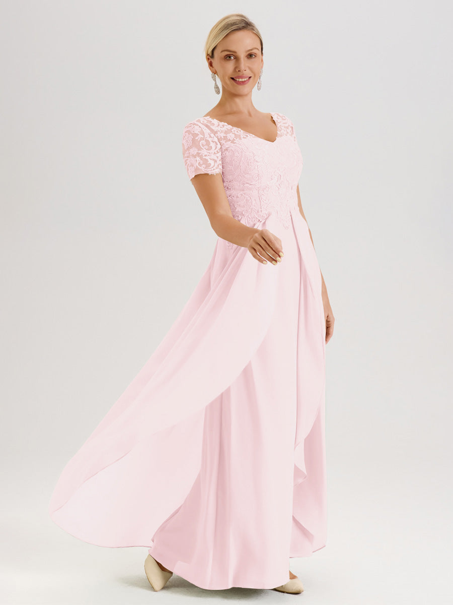 Cicinia Rose Pâle Robe De Mère De La Mariée Longue Ligne A En Dentelle Et Mousseline À Manches Courtes Et Décolleté En V