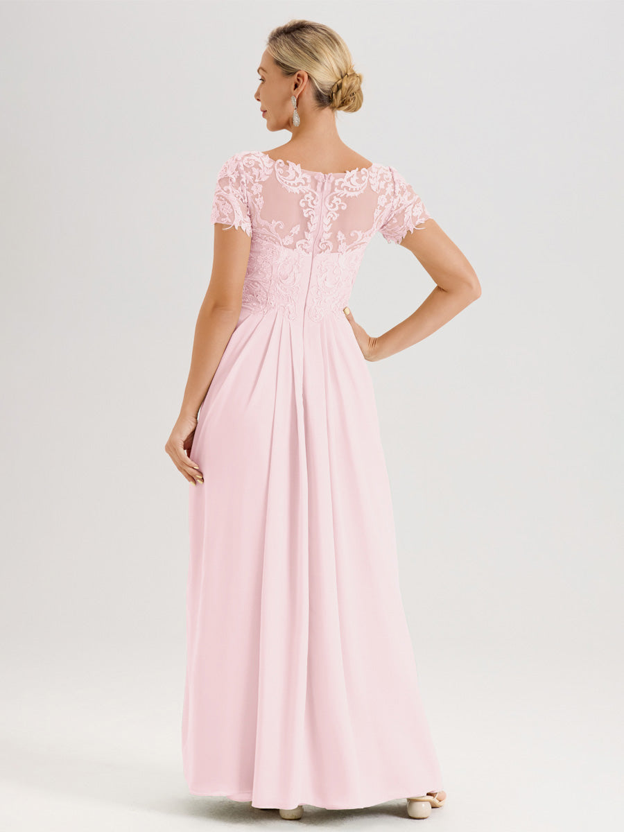 Cicinia Rose Pâle Robe De Mère De La Mariée Longue Ligne A En Dentelle Et Mousseline À Manches Courtes Et Décolleté En V
