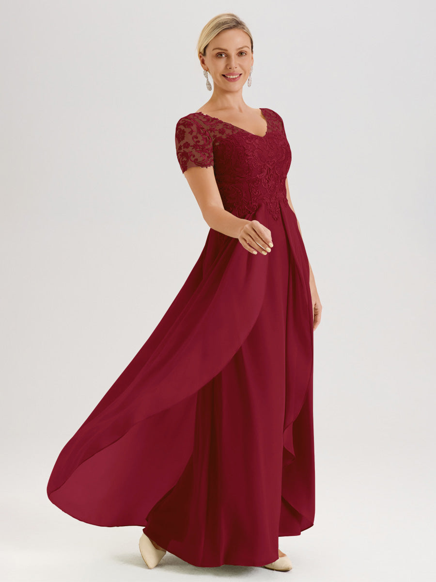 Cicinia Bordeaux Robe De Mère De La Mariée Longue Ligne A En Dentelle Et Mousseline À Manches Courtes Et Décolleté En V