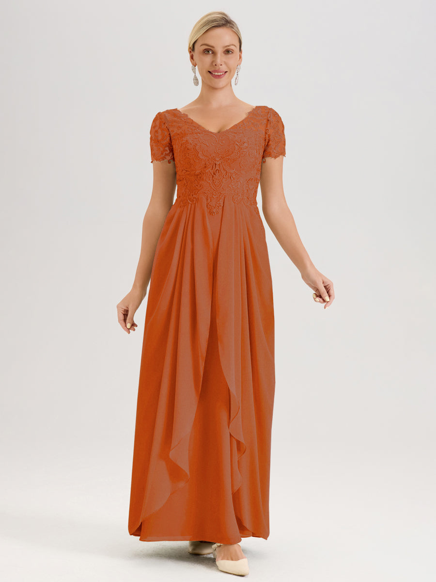 Cicinia Orange Brûlé Robe De Mère De La Mariée Longue Ligne A En Dentelle Et Mousseline À Manches Courtes Et Décolleté En V