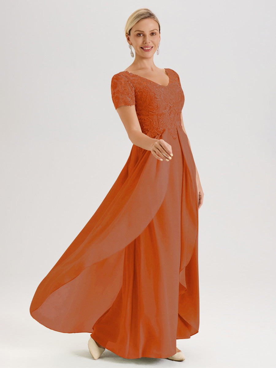 Cicinia Orange Brûlé Robe De Mère De La Mariée Longue Ligne A En Dentelle Et Mousseline À Manches Courtes Et Décolleté En V