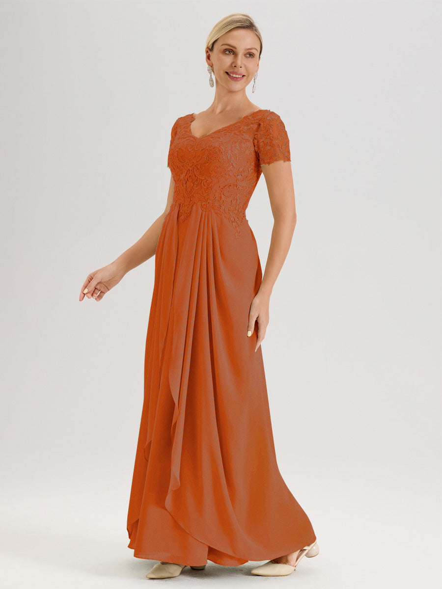 Cicinia Orange Brûlé Robe De Mère De La Mariée Longue Ligne A En Dentelle Et Mousseline À Manches Courtes Et Décolleté En V