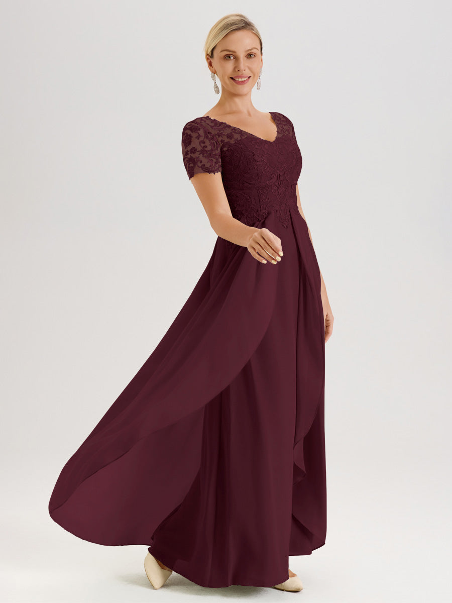 Cicinia Cabernet Robe De Mère De La Mariée Longue Ligne A En Dentelle Et Mousseline À Manches Courtes Et Décolleté En V