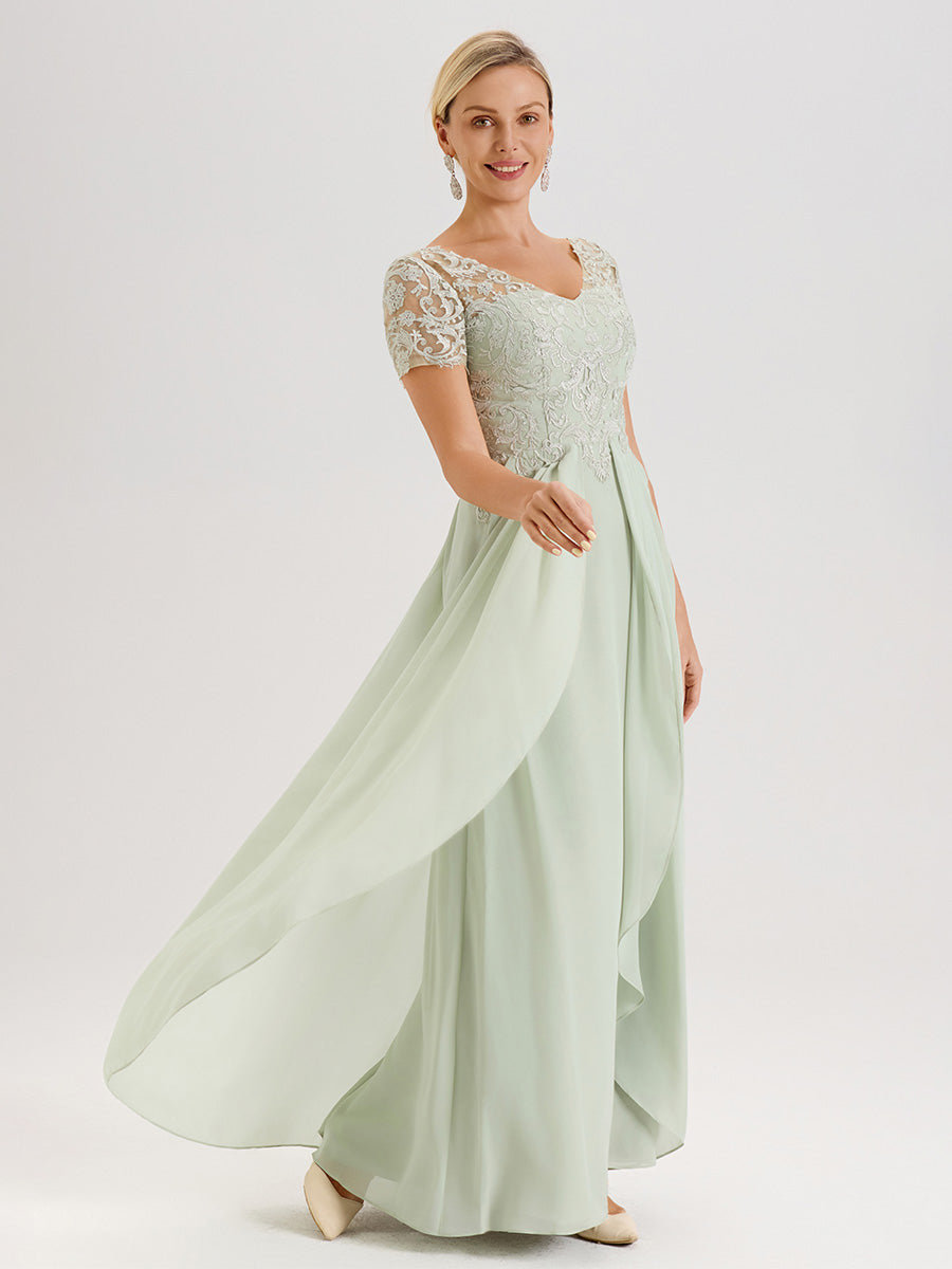 Cicinia Celadon Robe De Mère De La Mariée Longue Ligne A En Dentelle Et Mousseline À Manches Courtes Et Décolleté En V