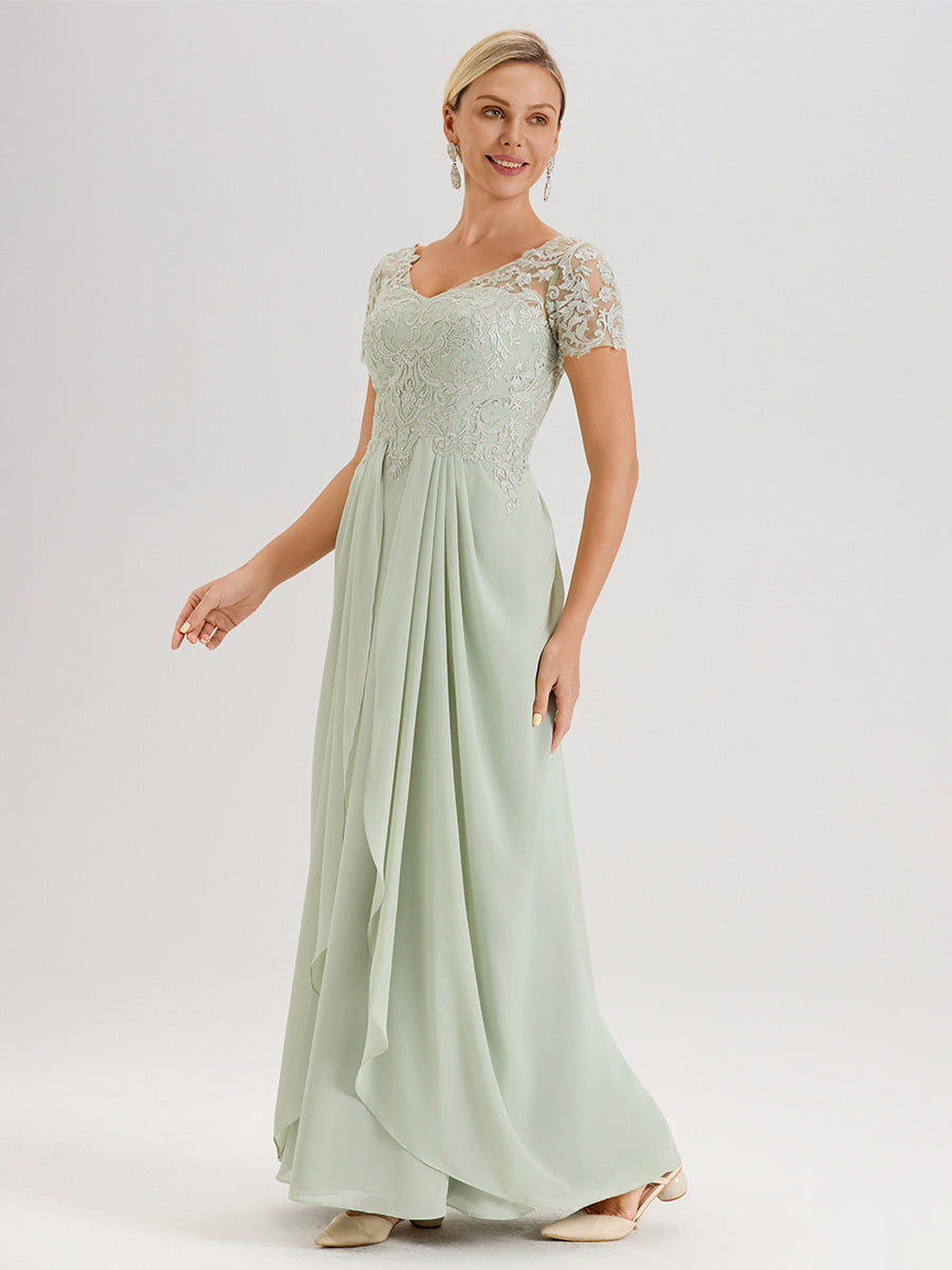 Cicinia Celadon Robe De Mère De La Mariée Longue Ligne A En Dentelle Et Mousseline À Manches Courtes Et Décolleté En V