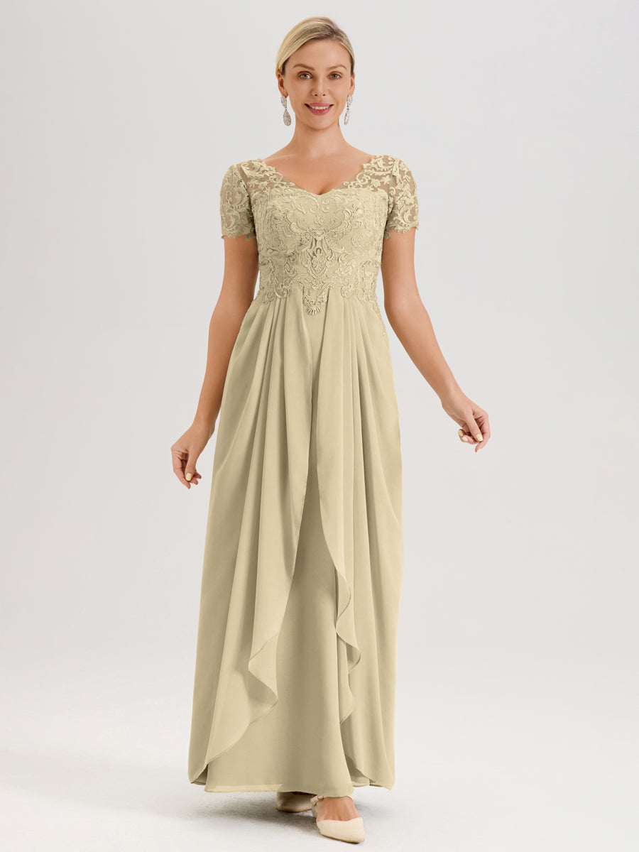 Cicinia Champagne Robe De Mère De La Mariée Longue Ligne A En Dentelle Et Mousseline À Manches Courtes Et Décolleté En V