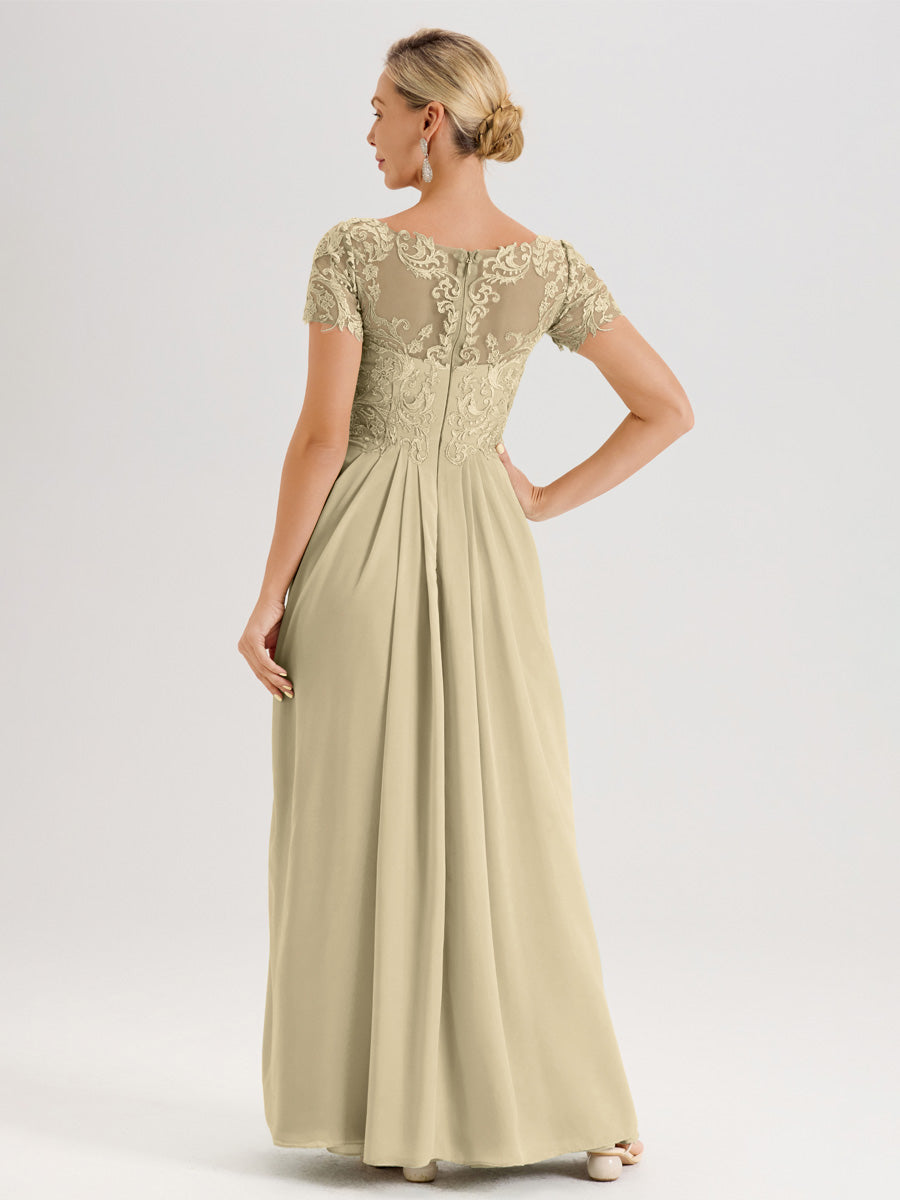 Cicinia Champagne Robe De Mère De La Mariée Longue Ligne A En Dentelle Et Mousseline À Manches Courtes Et Décolleté En V