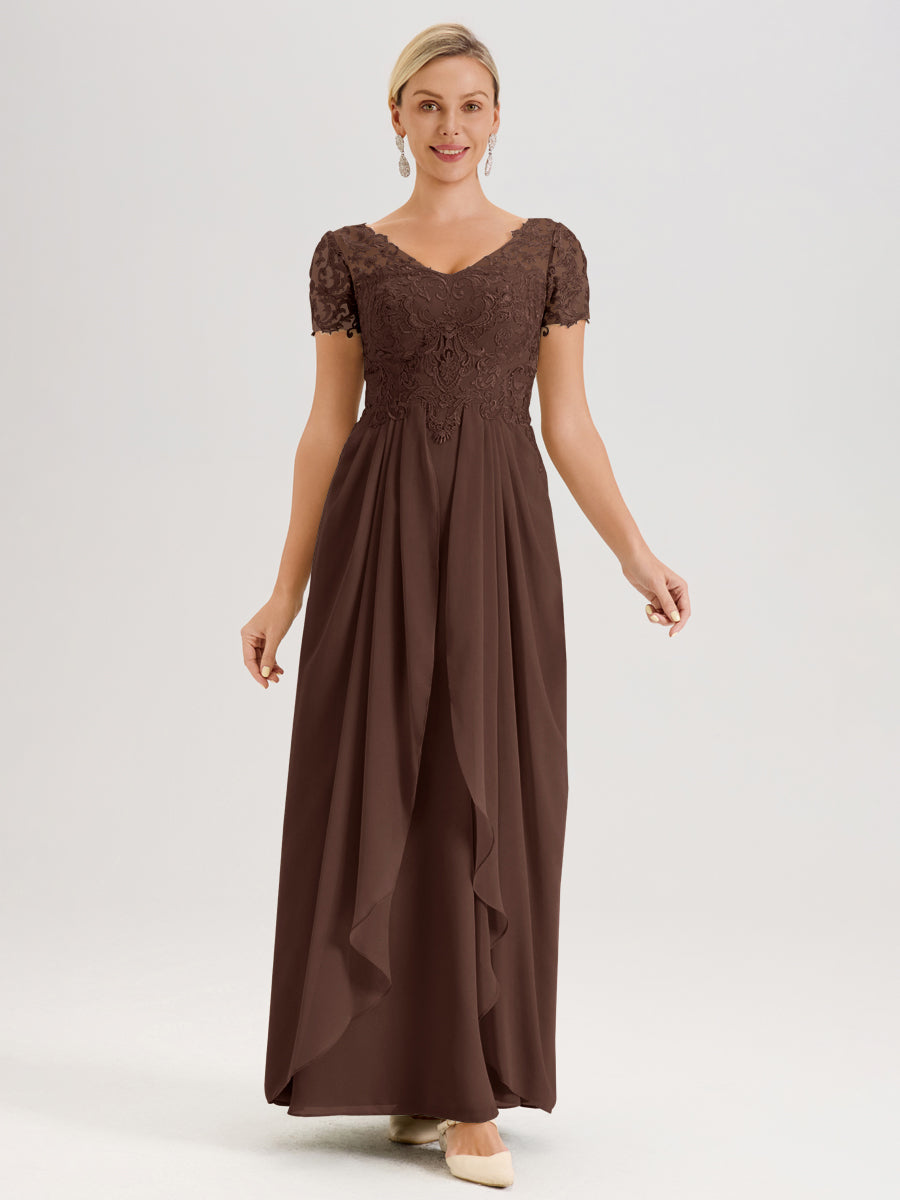 Cicinia Chocolat Robe De Mère De La Mariée Longue Ligne A En Dentelle Et Mousseline À Manches Courtes Et Décolleté En V