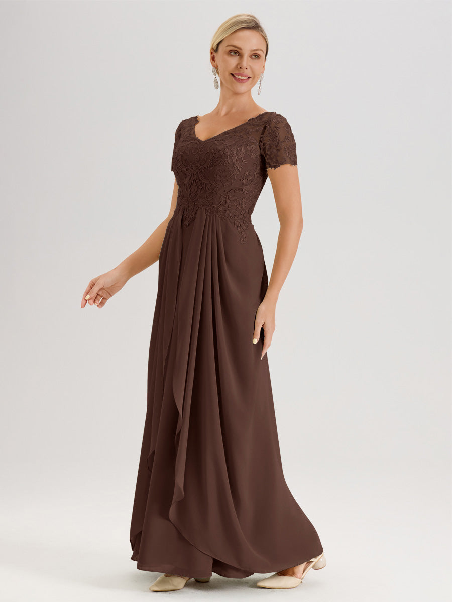 Cicinia Chocolat Robe De Mère De La Mariée Longue Ligne A En Dentelle Et Mousseline À Manches Courtes Et Décolleté En V