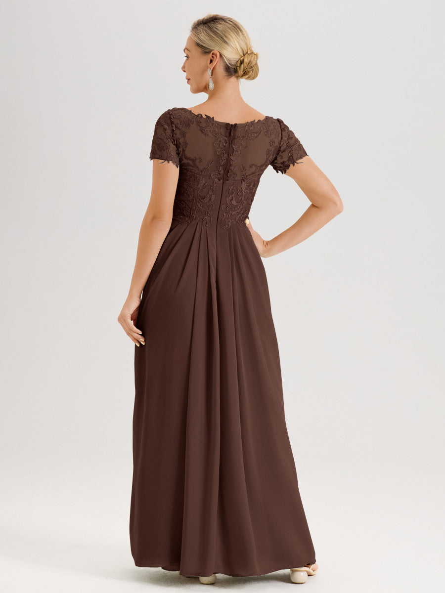 Cicinia Chocolat Robe De Mère De La Mariée Longue Ligne A En Dentelle Et Mousseline À Manches Courtes Et Décolleté En V