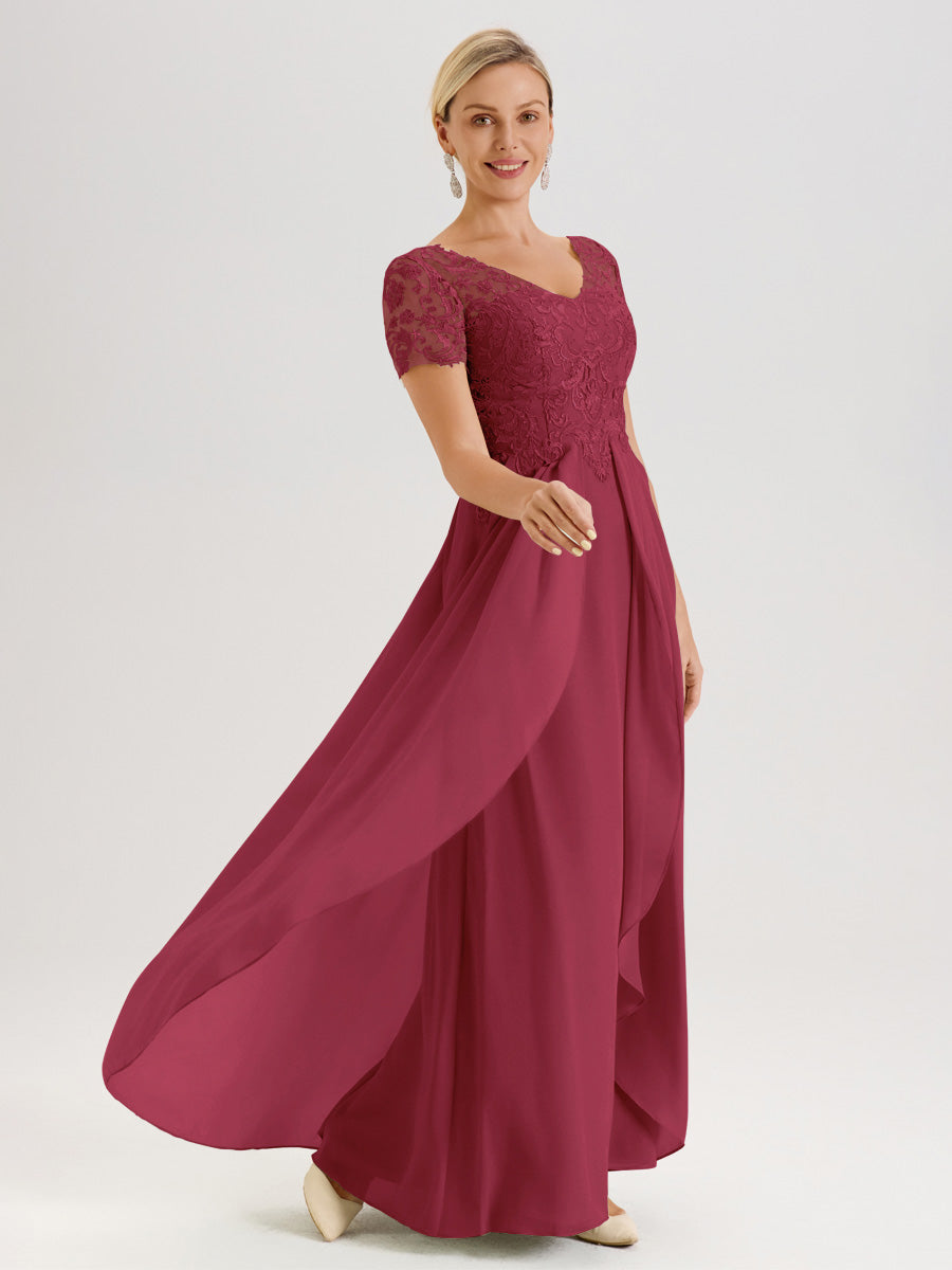 Cicinia Rose Cannelle Robe De Mère De La Mariée Longue Ligne A En Dentelle Et Mousseline À Manches Courtes Et Décolleté En V