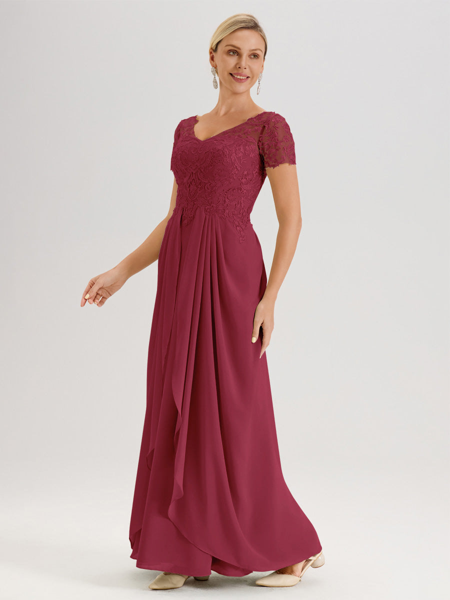 Cicinia Rose Cannelle Robe De Mère De La Mariée Longue Ligne A En Dentelle Et Mousseline À Manches Courtes Et Décolleté En V