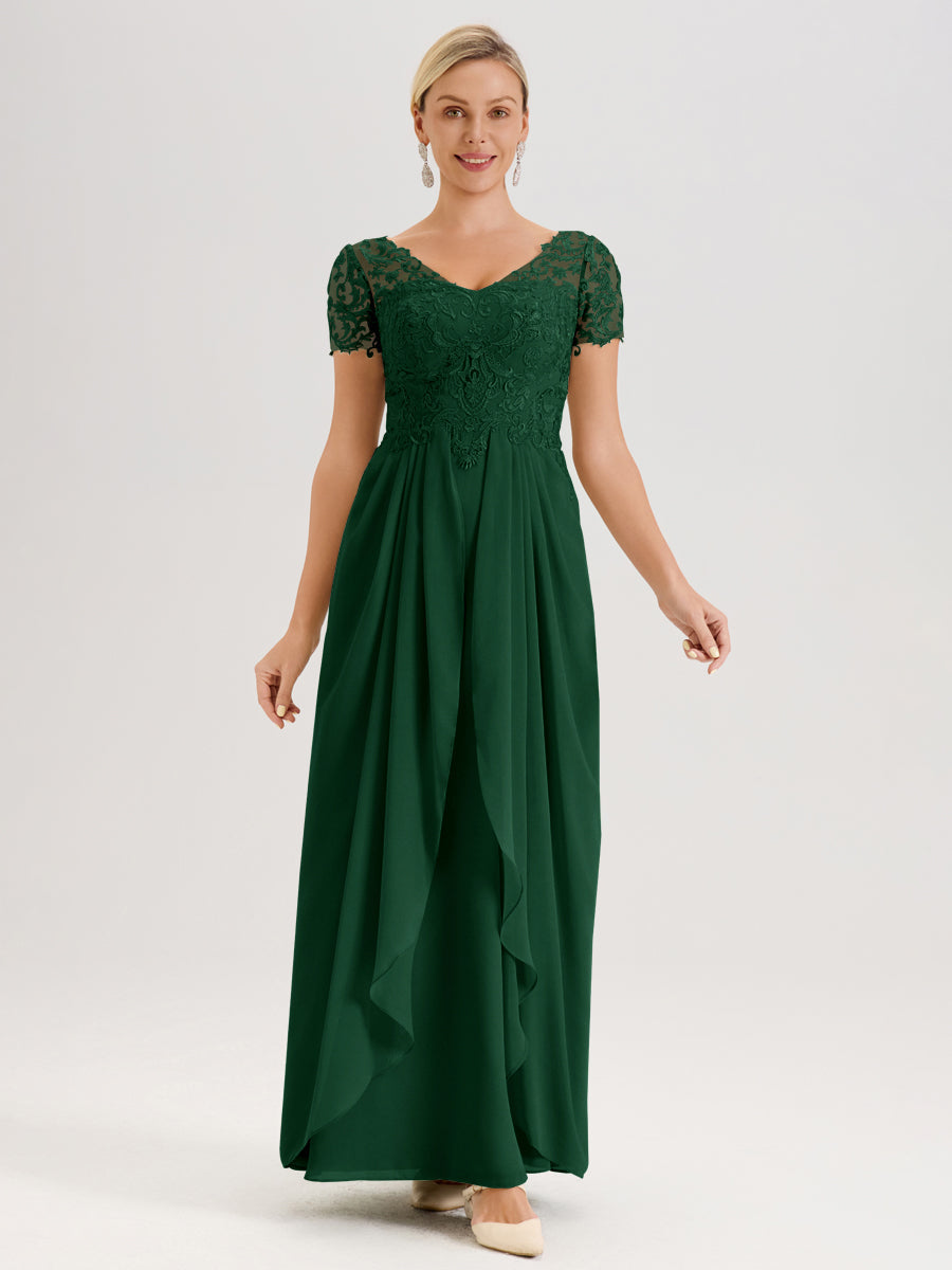 Cicinia Vert Foncé Robe De Mère De La Mariée Longue Ligne A En Dentelle Et Mousseline À Manches Courtes Et Décolleté En V