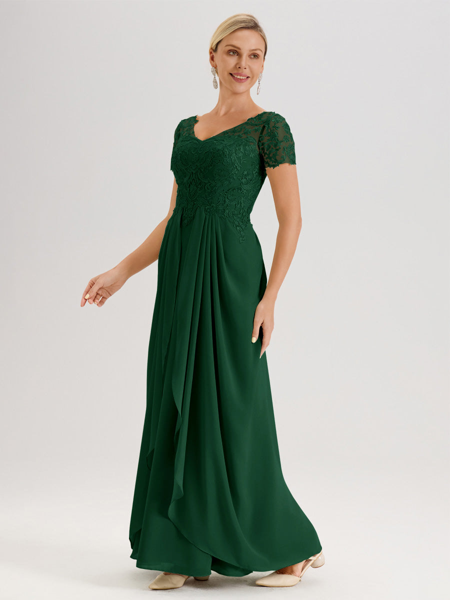 Cicinia Vert Foncé Robe De Mère De La Mariée Longue Ligne A En Dentelle Et Mousseline À Manches Courtes Et Décolleté En V