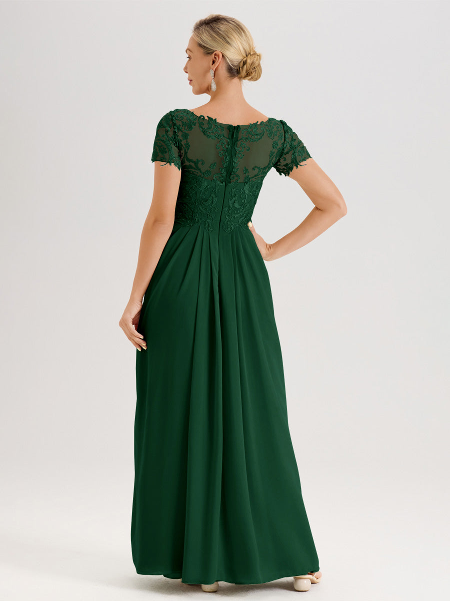 Cicinia Vert Foncé Robe De Mère De La Mariée Longue Ligne A En Dentelle Et Mousseline À Manches Courtes Et Décolleté En V