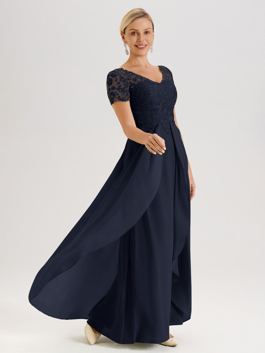 Cicinia Bleu Marine Robe De Mère De La Mariée Longue Ligne A En Dentelle Et Mousseline À Manches Courtes Et Décolleté En V