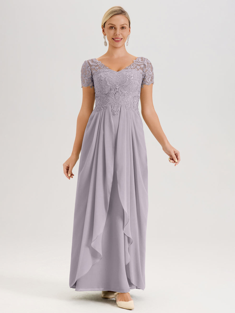 Cicinia Crépuscule Robe De Mère De La Mariée Longue Ligne A En Dentelle Et Mousseline À Manches Courtes Et Décolleté En V