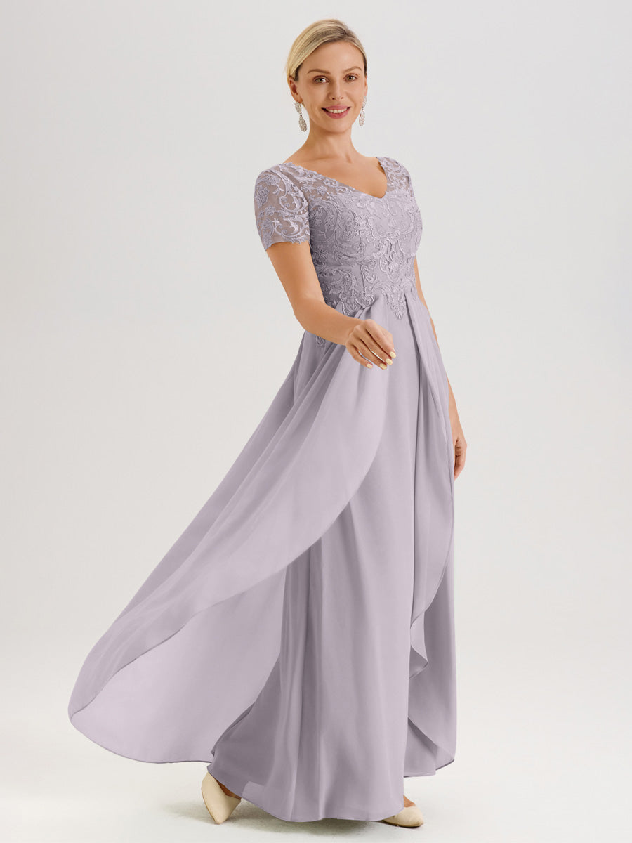 Cicinia Crépuscule Robe De Mère De La Mariée Longue Ligne A En Dentelle Et Mousseline À Manches Courtes Et Décolleté En V