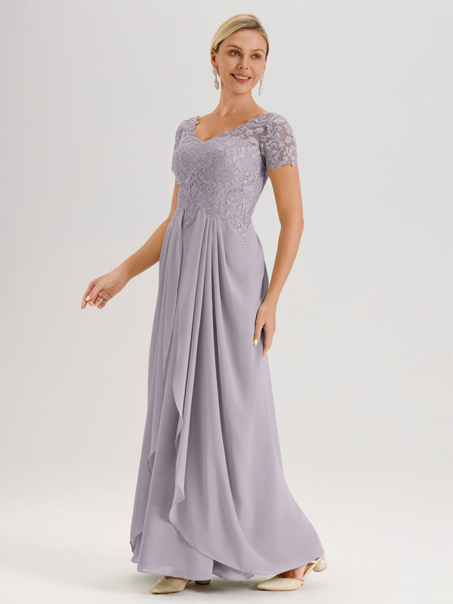 Cicinia Crépuscule Robe De Mère De La Mariée Longue Ligne A En Dentelle Et Mousseline À Manches Courtes Et Décolleté En V