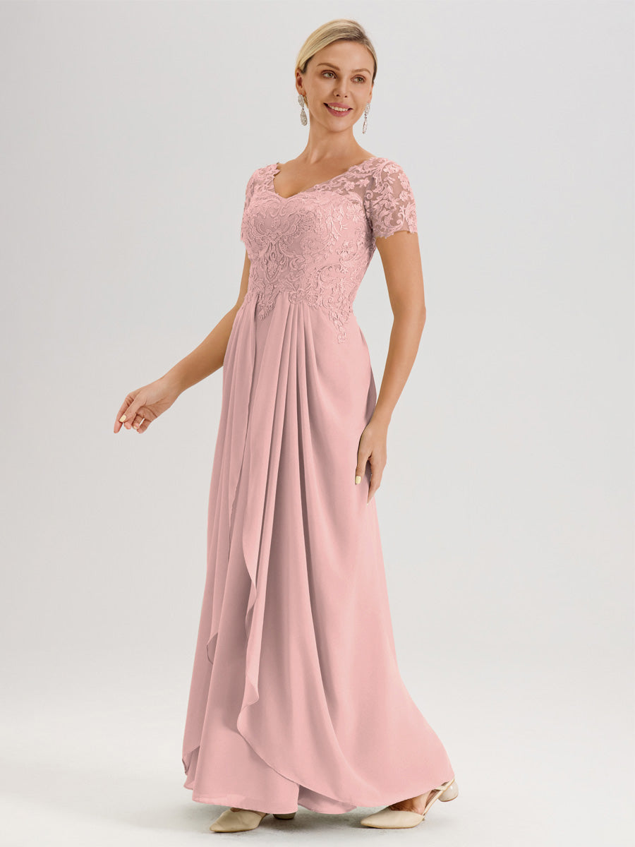 Cicinia Rose Poudré Robe De Mère De La Mariée Longue Ligne A En Dentelle Et Mousseline À Manches Courtes Et Décolleté En V