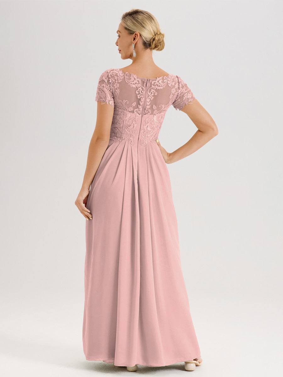 Cicinia Rose Poudré Robe De Mère De La Mariée Longue Ligne A En Dentelle Et Mousseline À Manches Courtes Et Décolleté En V