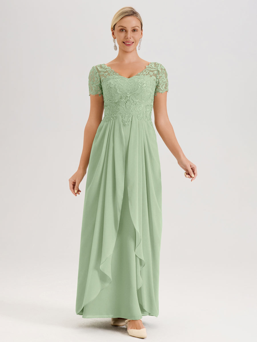 Cicinia Sauge Poudrée Robe De Mère De La Mariée Longue Ligne A En Dentelle Et Mousseline À Manches Courtes Et Décolleté En V