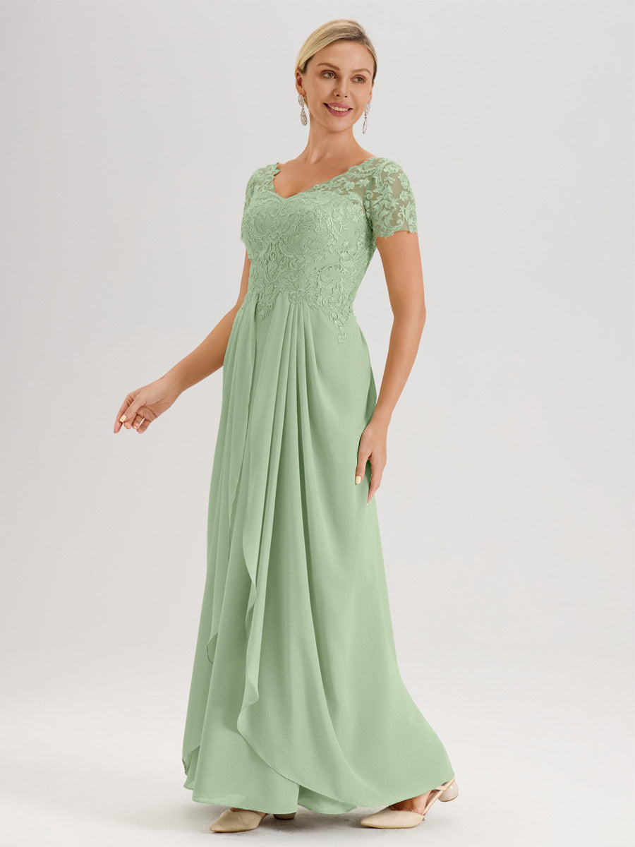 Cicinia Sauge Poudrée Robe De Mère De La Mariée Longue Ligne A En Dentelle Et Mousseline À Manches Courtes Et Décolleté En V