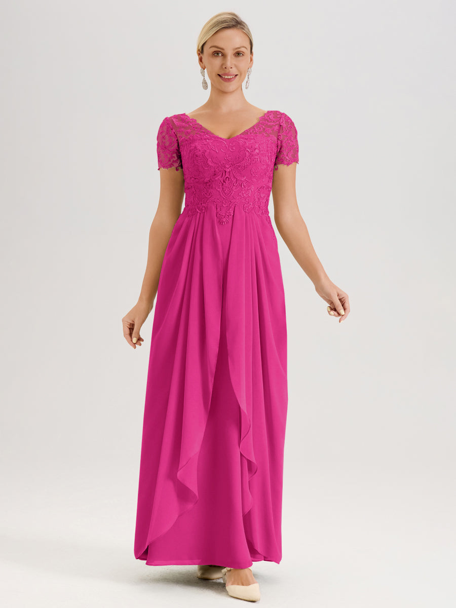 Cicinia Fuchsia Robe De Mère De La Mariée Longue Ligne A En Dentelle Et Mousseline À Manches Courtes Et Décolleté En V
